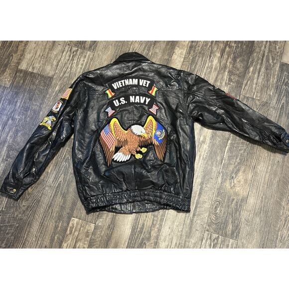 Vintage Leather Jacket Patches Patchwork Biker POW US Navy Eagle Veteran Black - Picture 1 of 9